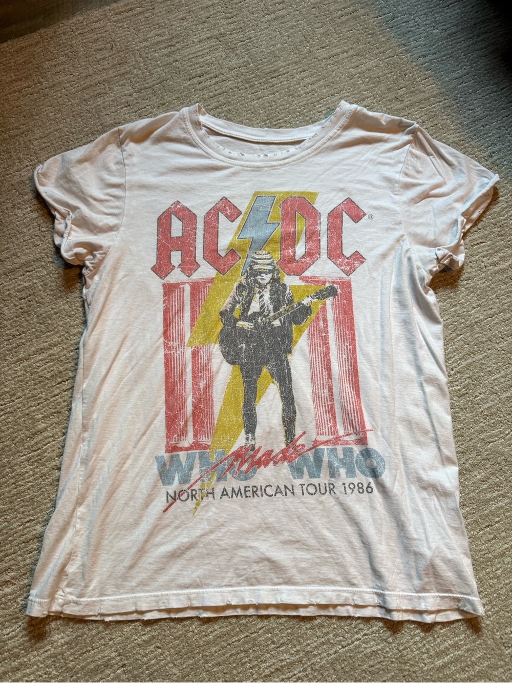 Recycled Karma AC/DC Lightning Bolt Graphic Tee in White with Red & Yellow Print